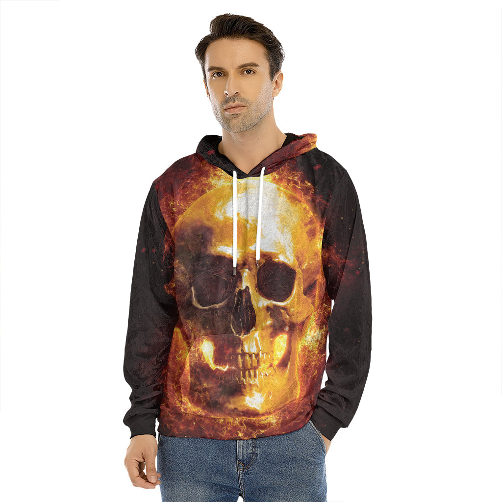 Skull In Flames Print Men's Velvet Pullover Hoodie