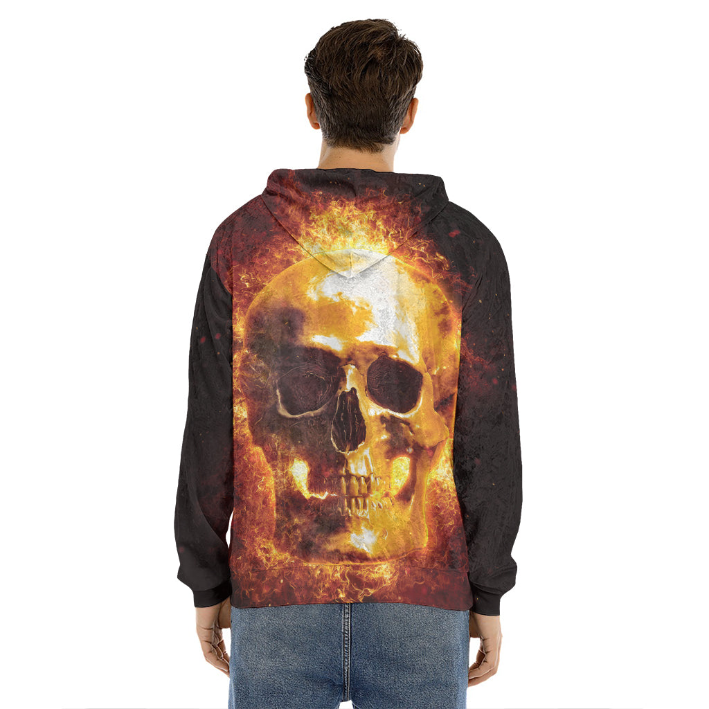 Skull In Flames Print Men's Velvet Pullover Hoodie