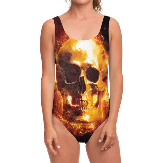 Skull In Flames Print One Piece Swimsuit
