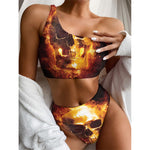 Skull In Flames Print One Shoulder Bikini Top