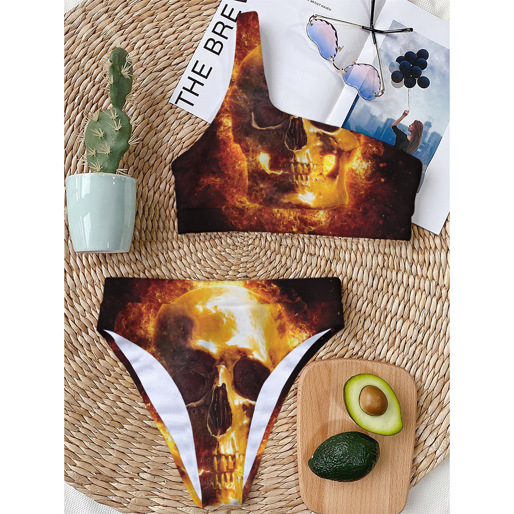 Skull In Flames Print One Shoulder Bikini Top