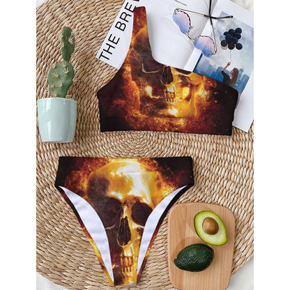 Skull In Flames Print One Shoulder Bikini Top
