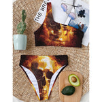 Skull In Flames Print One Shoulder Bikini Top