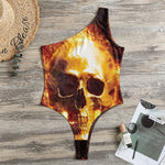 Skull In Flames Print One Shoulder Bodysuit
