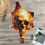 Skull In Flames Print One Shoulder Bodysuit