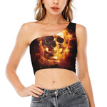 Skull In Flames Print One Shoulder Crop Top