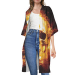 Skull In Flames Print Open Front Beach Cover Up