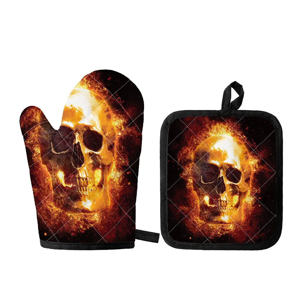 Skull In Flames Print Oven Mitt And Pot Holder Set