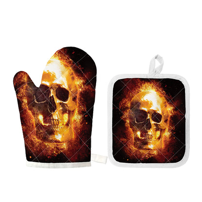 Skull In Flames Print Oven Mitt And Pot Holder Set