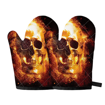 Skull In Flames Print Oven Mitts