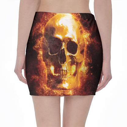 Skull In Flames Print Pencil Mini Skirt
