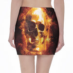 Skull In Flames Print Pencil Mini Skirt