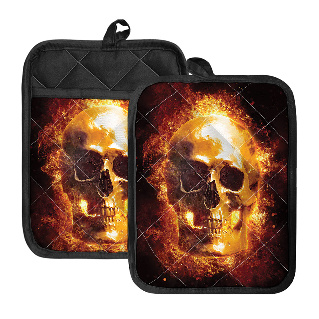 Skull In Flames Print Pot Holders With Pocket