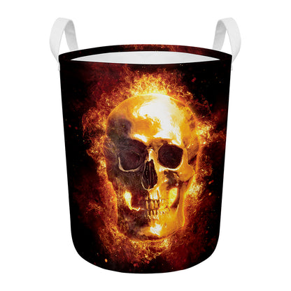Skull In Flames Print Round Laundry Basket