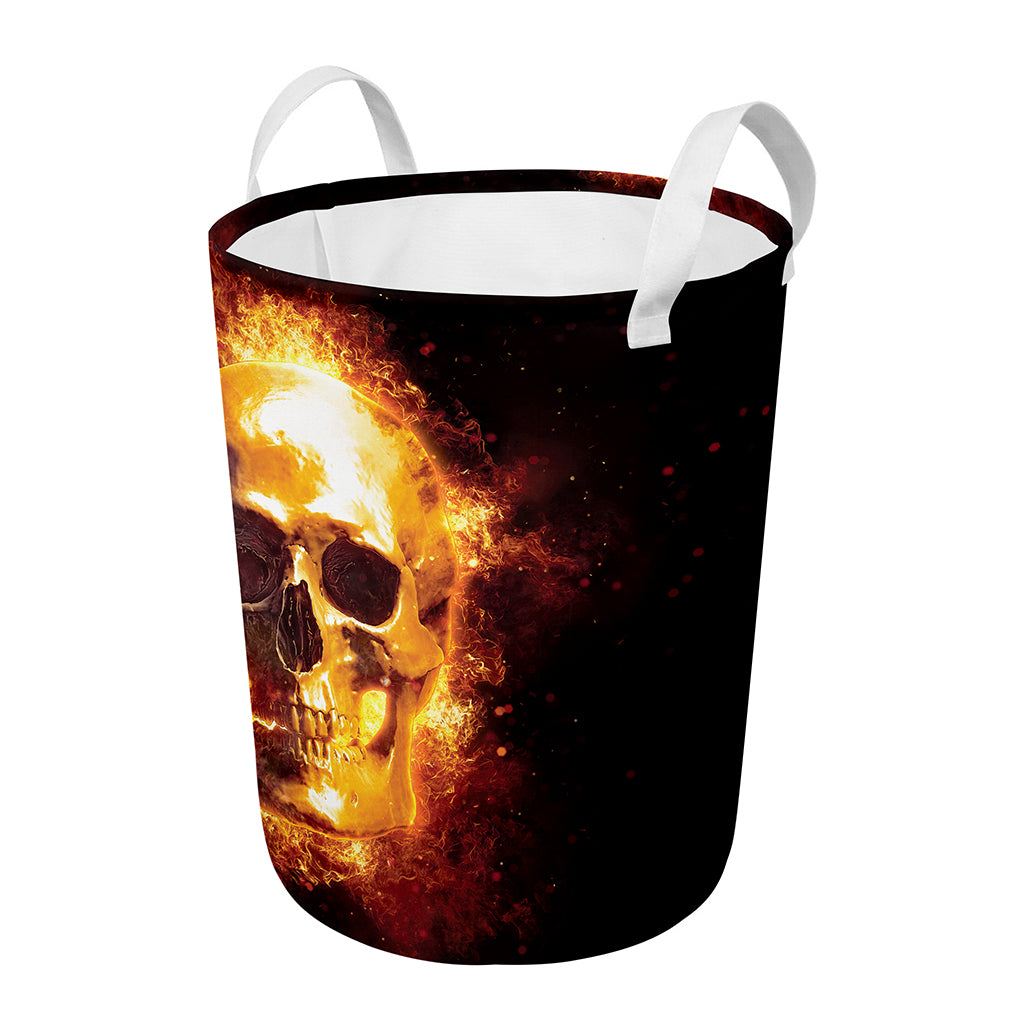 Skull In Flames Print Round Laundry Basket