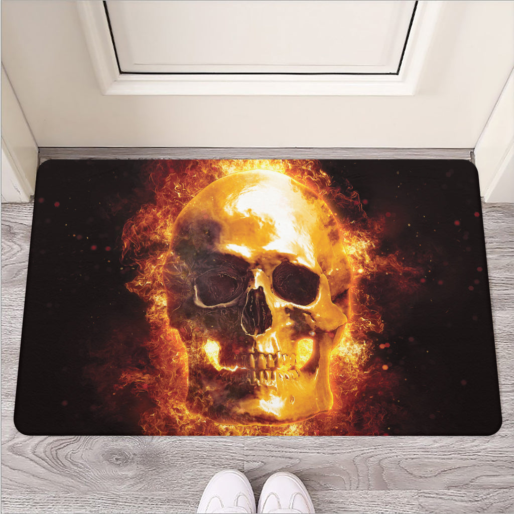 Skull In Flames Print Rubber Doormat