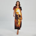 Skull In Flames Print Short Sleeve Maxi Dress