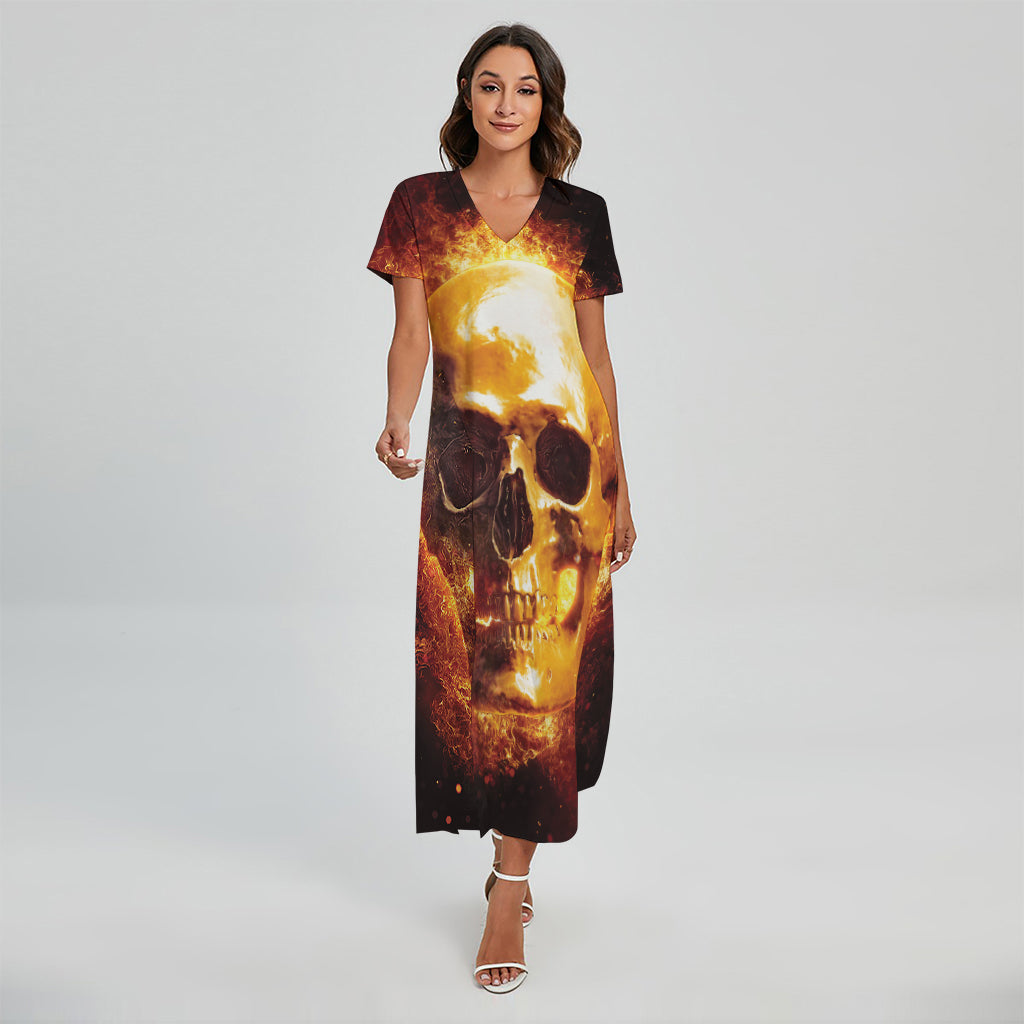 Skull In Flames Print Short Sleeve Maxi Dress