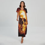 Skull In Flames Print Short Sleeve Maxi Dress