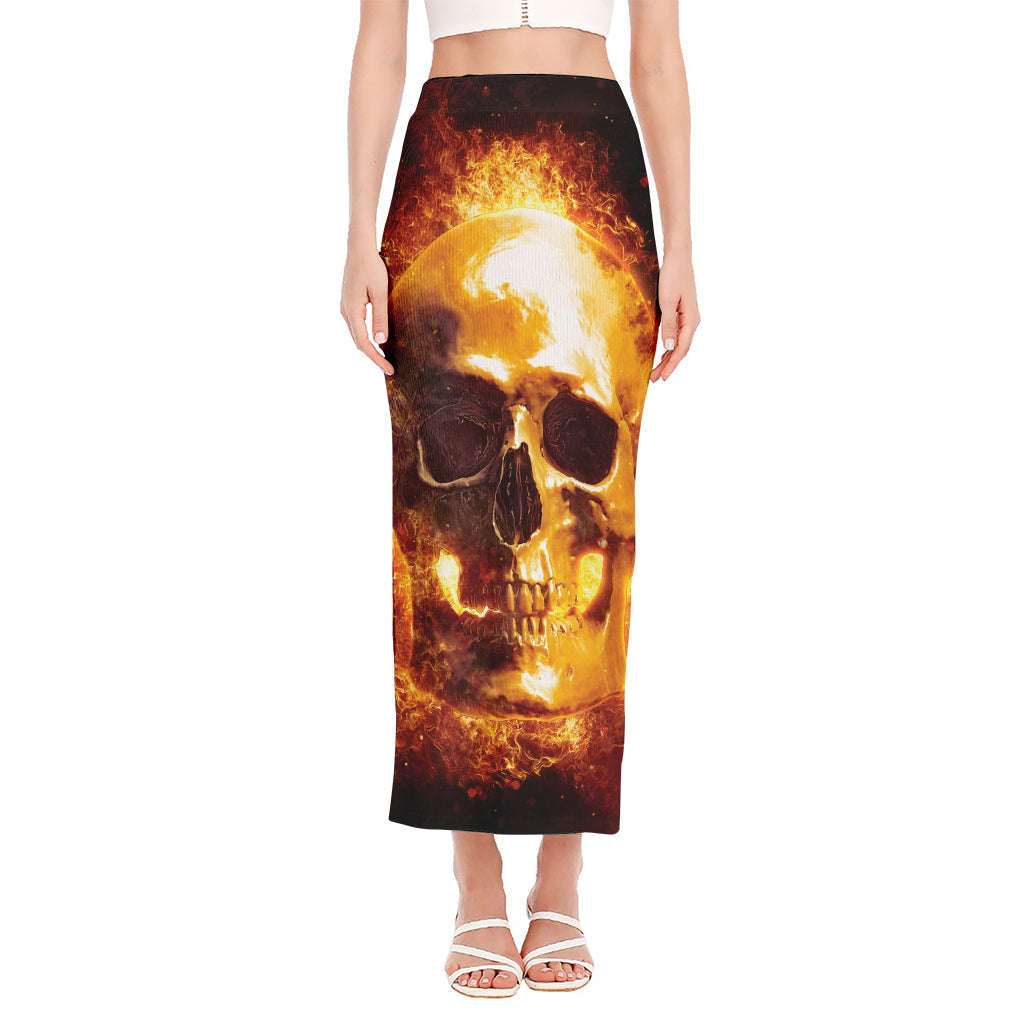 Skull In Flames Print Side Slit Maxi Skirt