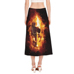 Skull In Flames Print Side Slit Midi Skirt