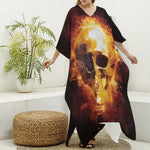 Skull In Flames Print Silk V-Neck Kaftan Dress