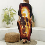 Skull In Flames Print Silk V-Neck Kaftan Dress