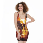 Skull In Flames Print Sleeveless Bodycon Dress