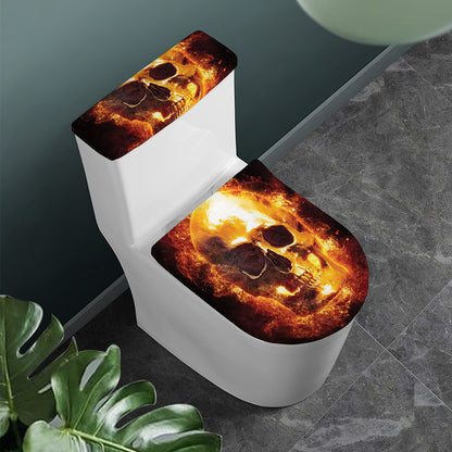 Skull In Flames Print Toilet Lid And Tank Cover Set