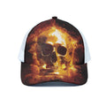Skull In Flames Print White Mesh Trucker Hat
