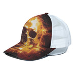 Skull In Flames Print White Mesh Trucker Cap