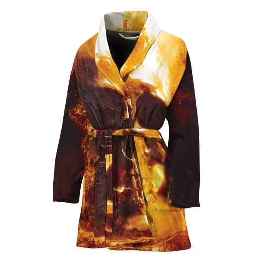 Skull In Flames Print Women's Bathrobe