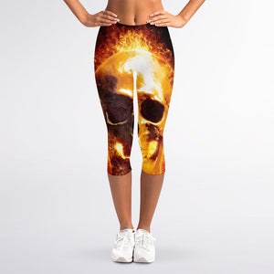 Skull In Flames Print Women's Capri Leggings