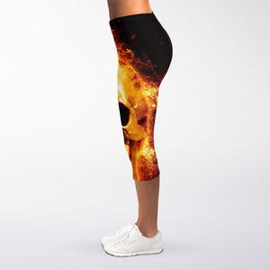 Skull In Flames Print Women's Capri Leggings