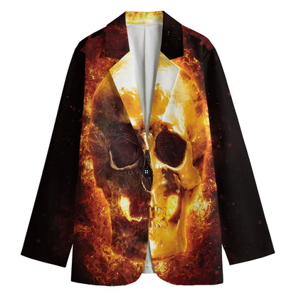 Skull In Flames Print Women's Cotton Blazer
