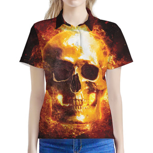 Skull In Flames Print Women's Polo Shirt