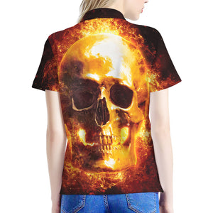 Skull In Flames Print Women's Polo Shirt