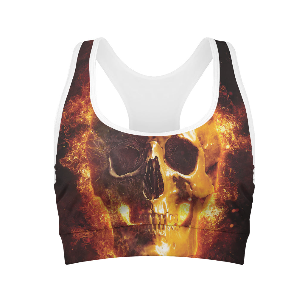 Skull In Flames Print Women's Sports Bra