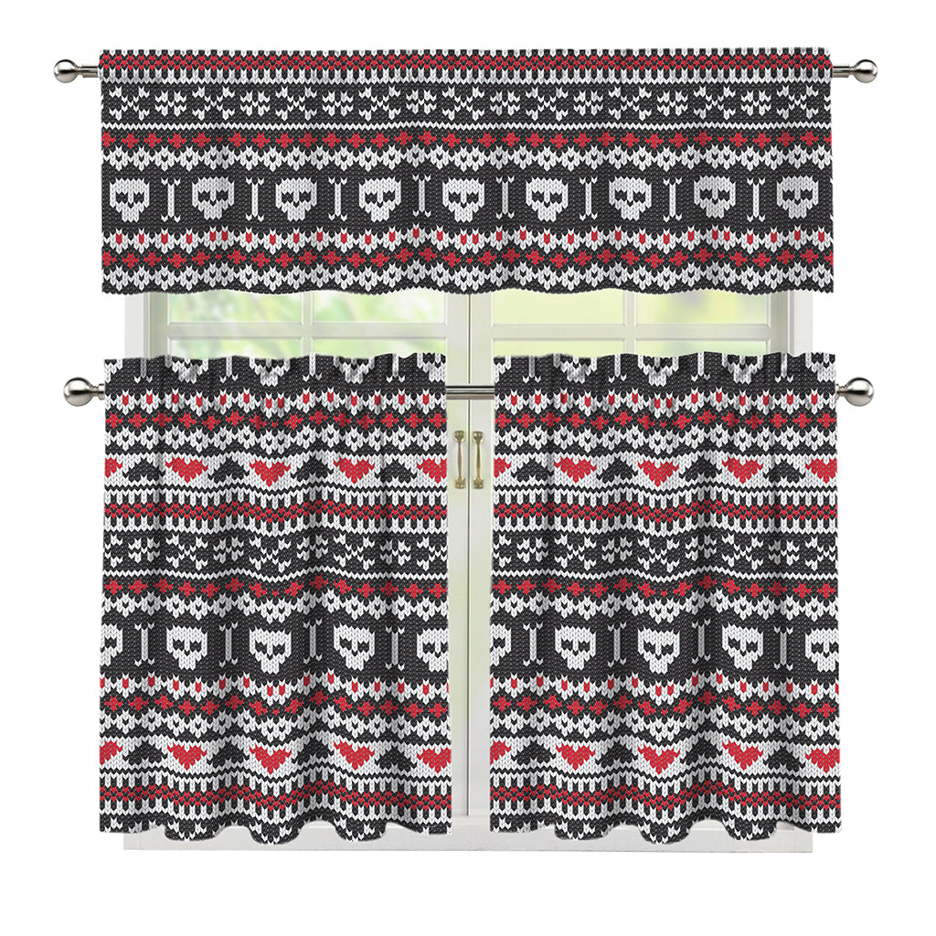 Skull Knitted Pattern Print 3 Piece Kitchen Curtains