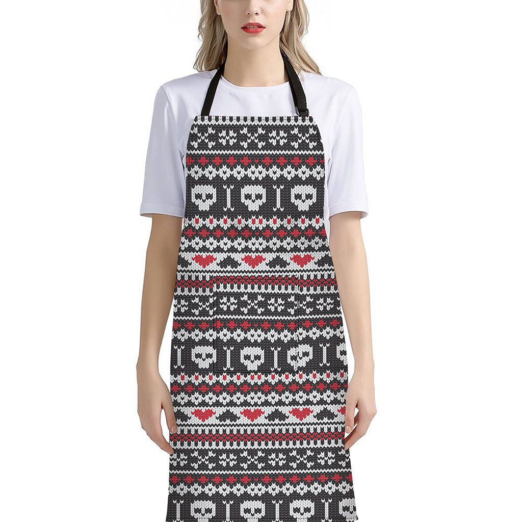 Skull Knitted Pattern Print Bib Apron With Pocket