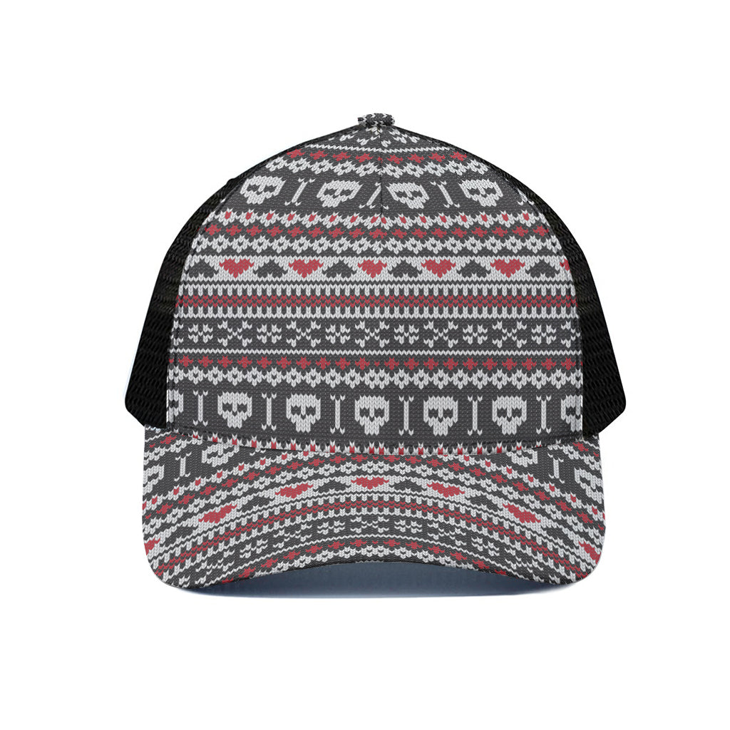 Skull Knitted Pattern Print Black Mesh Trucker Cap