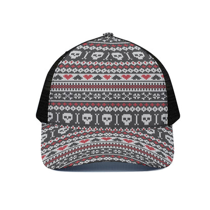 Skull Knitted Pattern Print Black Mesh Trucker Cap