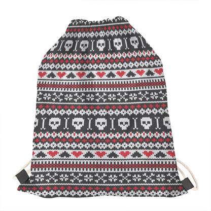 Skull Knitted Pattern Print Drawstring Bag