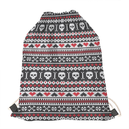 Skull Knitted Pattern Print Drawstring Bag