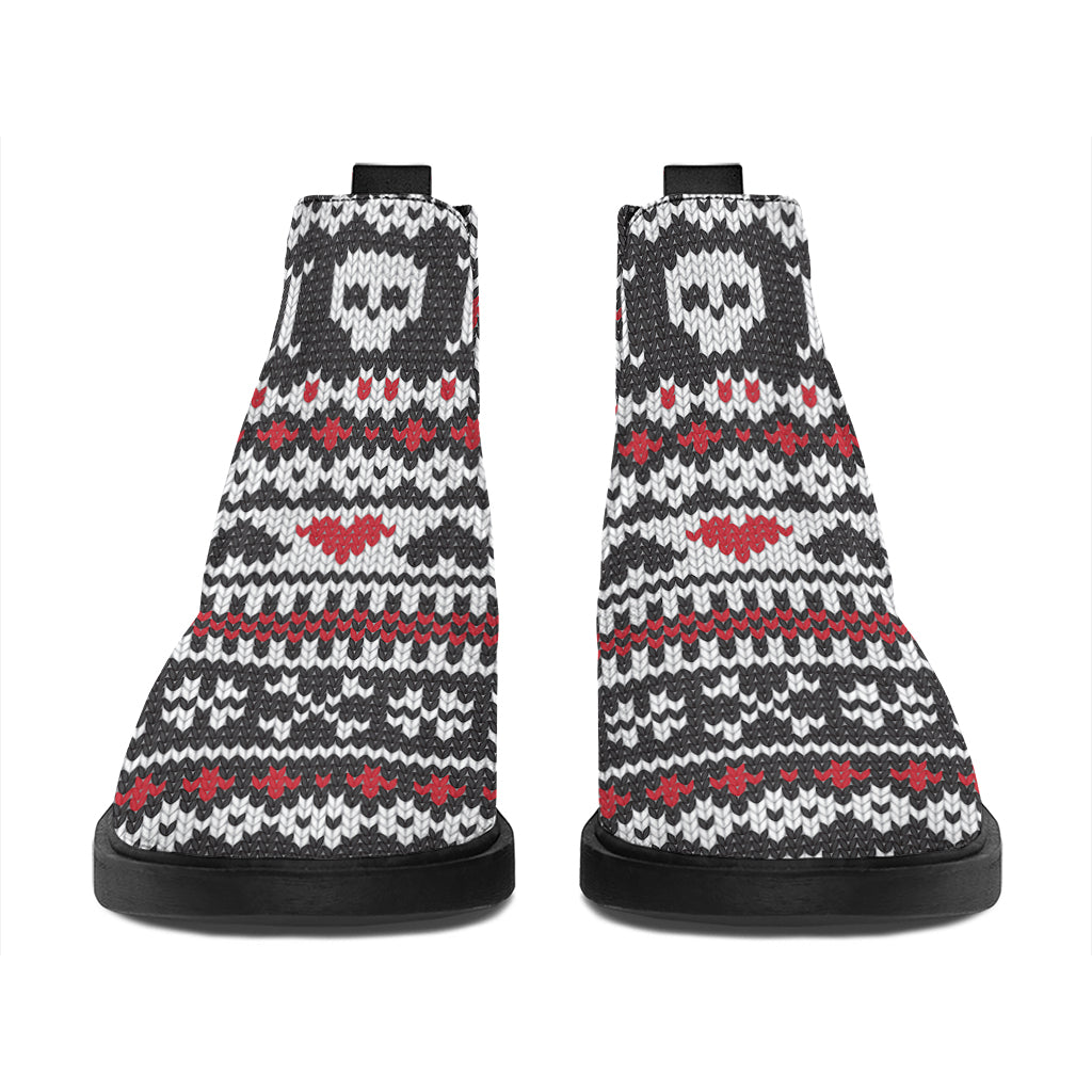 Skull Knitted Pattern Print Flat Ankle Boots