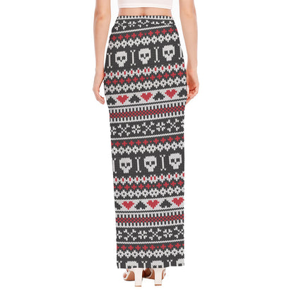 Skull Knitted Pattern Print High Slit Maxi Skirt