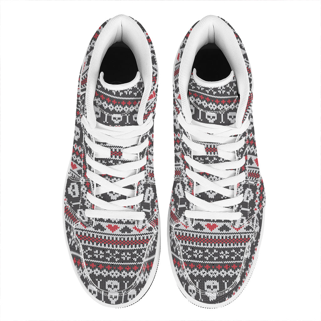 Skull Knitted Pattern Print High Top Leather Sneakers