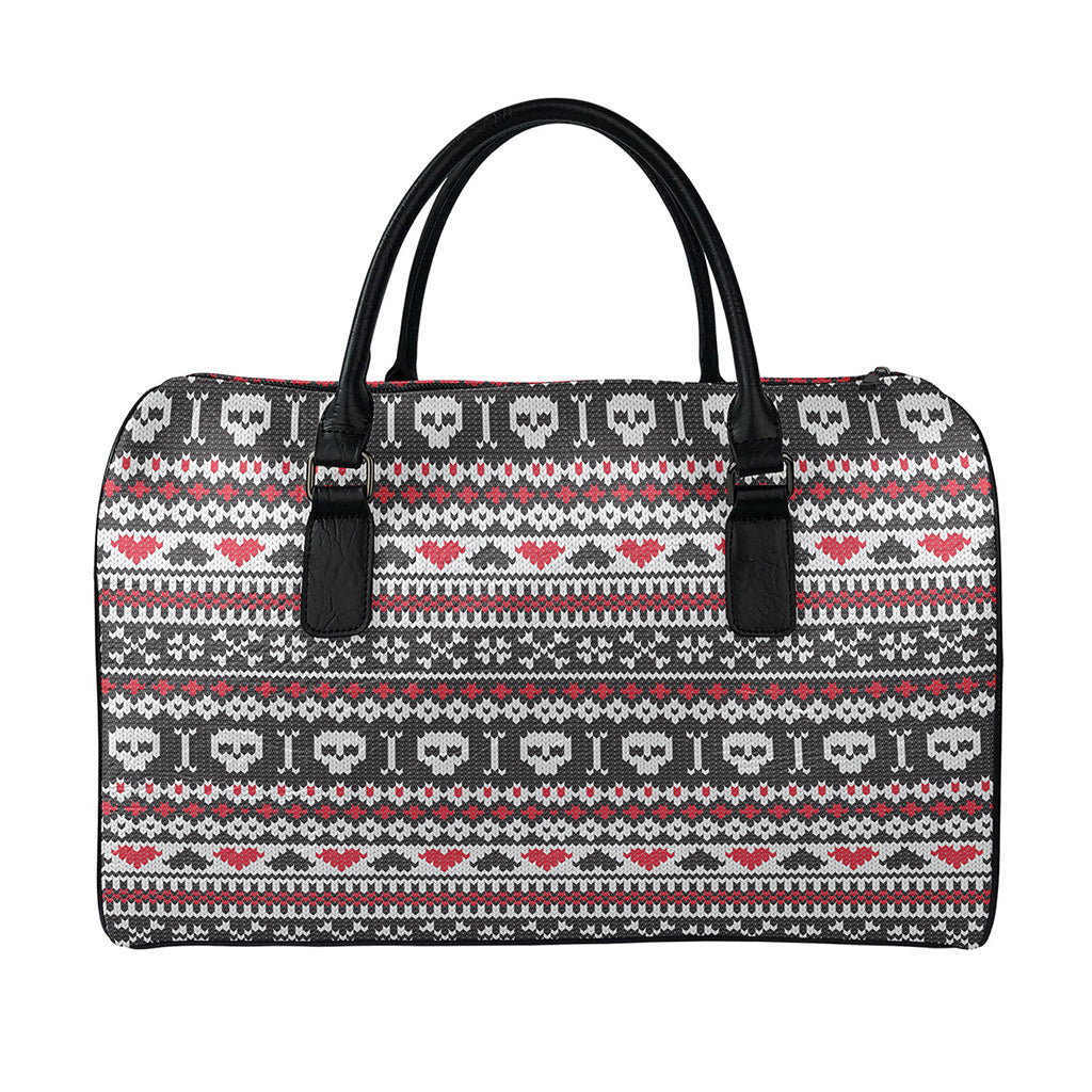 Skull Knitted Pattern Print Leather Duffle Bag