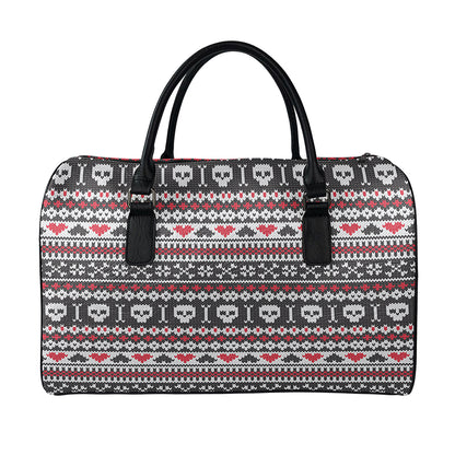 Skull Knitted Pattern Print Leather Duffle Bag