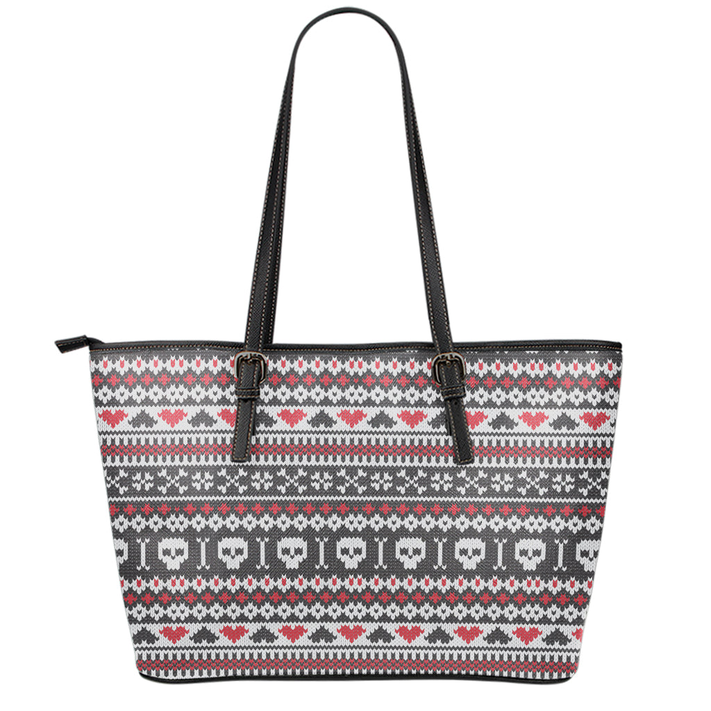 Skull Knitted Pattern Print Leather Tote Bag